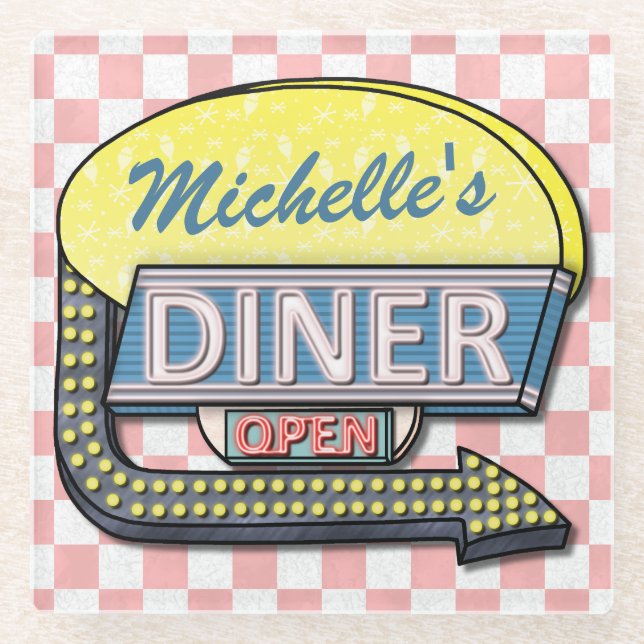 Retro 50s Diner Sign Create Your Own Custom Glass Coaster (Front)