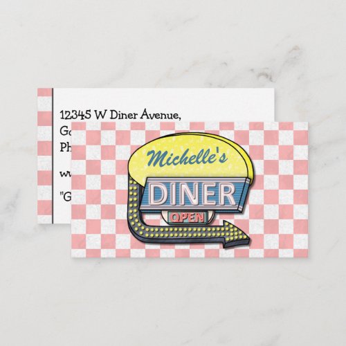 Retro 50s Diner Sign Pink Checkered Restaurant Business Card