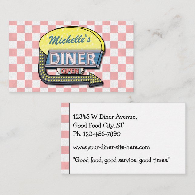 Retro 50's Diner Sign Pink Checkered Restaurant Business Card (Front/Back)