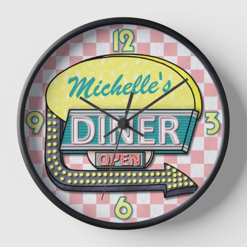 Retro 50s Diner Sign Pink Teal Personalized Name Clock