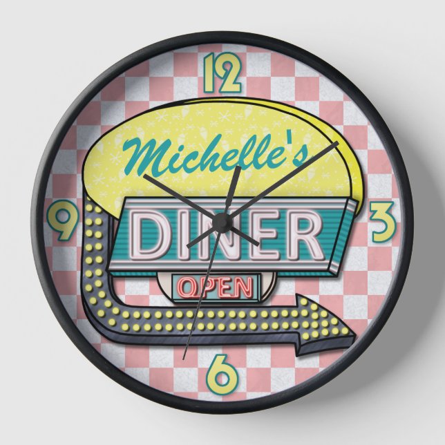Retro 50's Diner Sign Pink Teal Personalized Name Clock (Front)