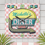 Retro 50's Diner Sign Pink Teal Personalized Name Square Wall Clock<br><div class="desc">Create your own custom, 1950's style diner sign clock using this easy template. These cool retro clocks have a slightly distressed pink-and-white checkered background with a sign on top that says "DINER" and "OPEN" in neon with space for you to add your own first or last name - or any...</div>