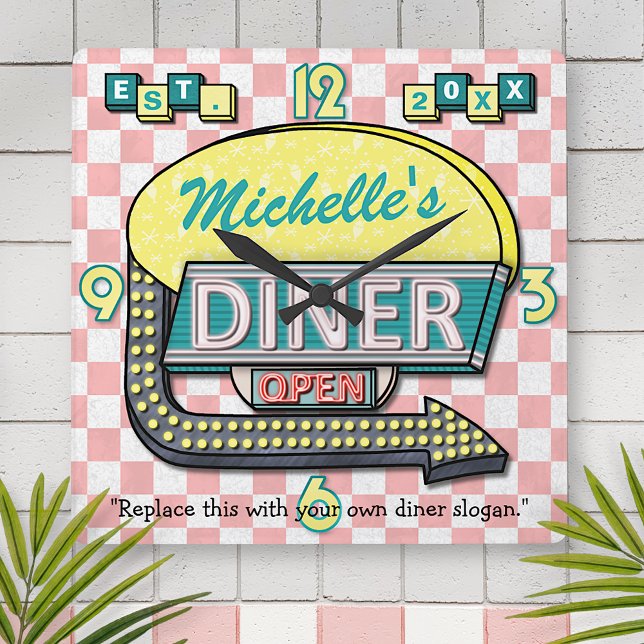 Retro 50's Diner Sign Pink Teal Personalized Name Square Wall Clock (Creator Uploaded)