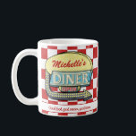 Retro 50's Diner Sign Red Checkered Custom Text Coffee Mug<br><div class="desc">Create your own custom, 1950's style diner sign mug using this easy template. These cool retro mugs have a slightly distressed red-and-white checkered background with a sign on both sides that says "DINER" and "OPEN" in neon with space for you to add your own first or last name - or...</div>
