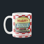 Retro 50's Diner Sign Red Checkered Custom Text Coffee Mug<br><div class="desc">Create your own custom, 1950's style diner sign mug using this easy template. These cool retro mugs have a slightly distressed red-and-white checkered background with a sign on both sides that says "DINER" and "OPEN" in neon with space for you to add your own first or last name - or...</div>