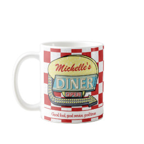 Retro 50's Diner Sign Red Checkered Custom Text Coffee Mug