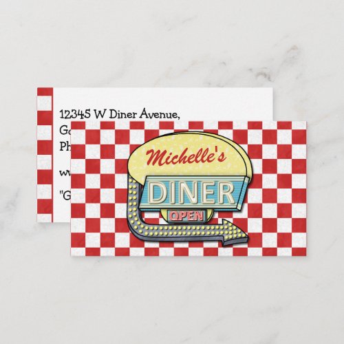 Retro 50s Diner Sign Red Checkered Restaurant Business Card