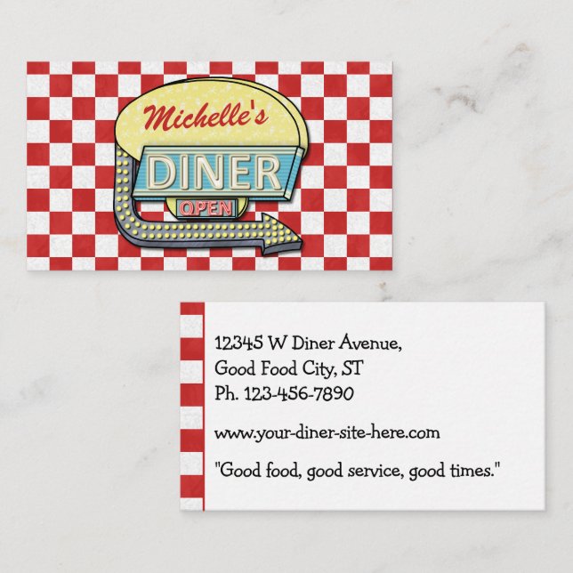 Retro 50's Diner Sign Red Checkered Restaurant Business Card (Front/Back)