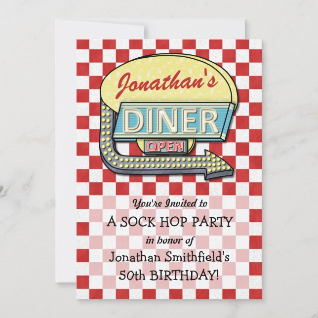 Retro 50s Diner Sock Hop Birthday Party Theme Red Invitation (Front)
