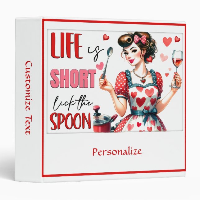 Retro 50s Housewife Funny Kitchen Humor Red Hearts 3 Ring Binder (Front/Spine)