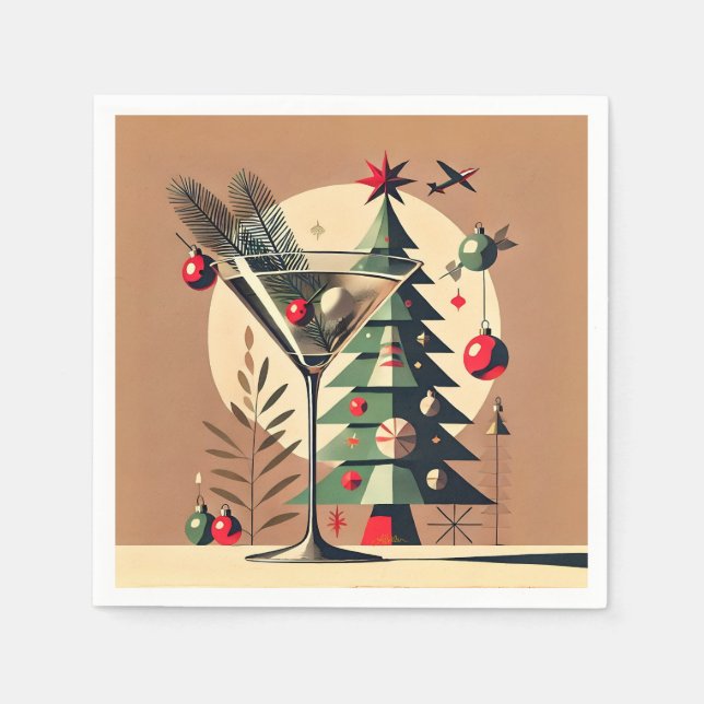 Retro 50s Jet Set Christmas Tree Martini Napkins (Front)