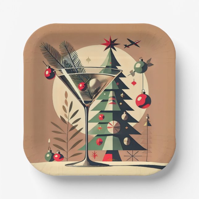 Retro 50s Jet Set Christmas Tree Martini Paper Plates (Front)