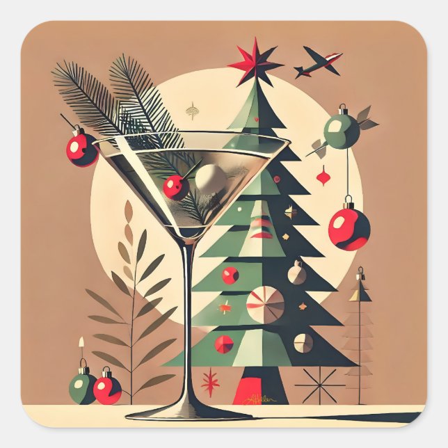 Retro 50s Jet Set Christmas Tree Martini Square Sticker (Front)