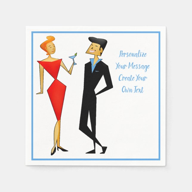 Retro 50s Man Woman Couple Cocktail Party Napkins (Front)