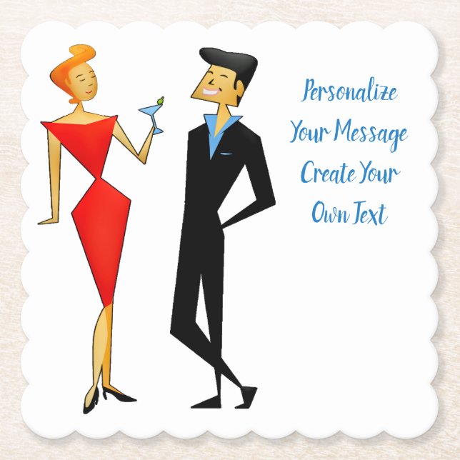 Retro 50s Man Woman Couple Cocktail Party Paper Coaster (Front)