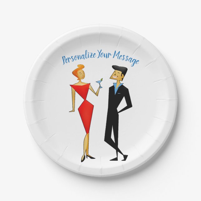 Retro 50s Man Woman Couple Cocktail Party Paper Plates (Front)