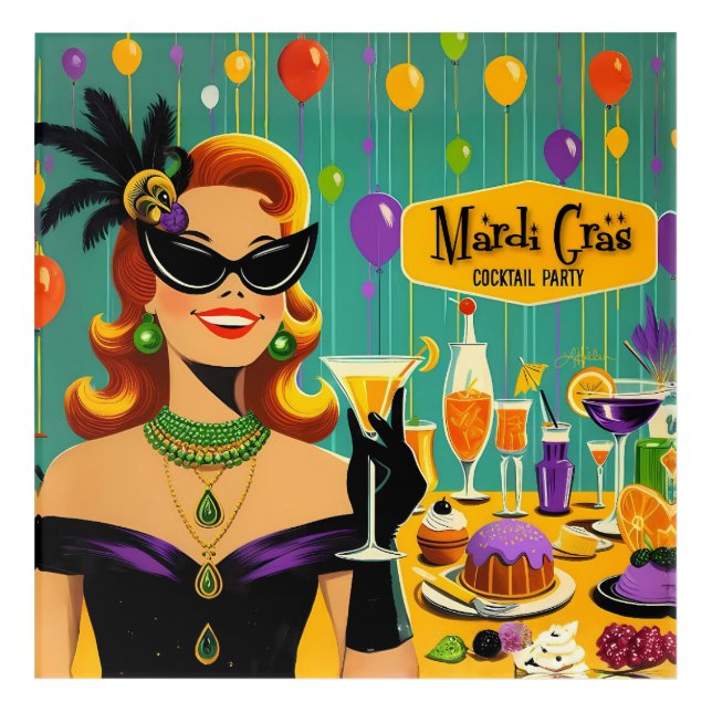Retro 50s Mardi Gras Cocktail Party Acrylic Print (Front)