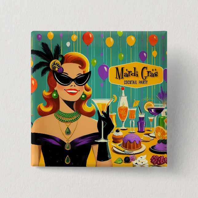 Retro 50s Mardi Gras Cocktail Party Button (Front)