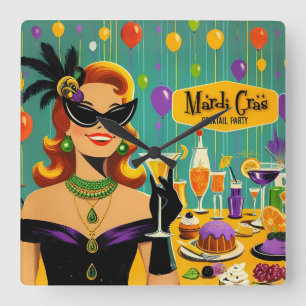 Retro 50s Mardi Gras Cocktail Party Square Wall Clock