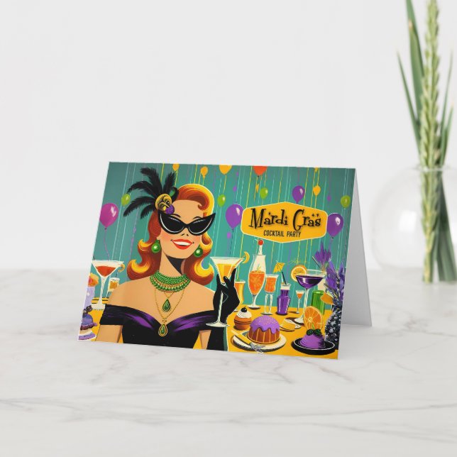 Retro 50s Mardi Gras Martini Cocktail Party Card (Front)