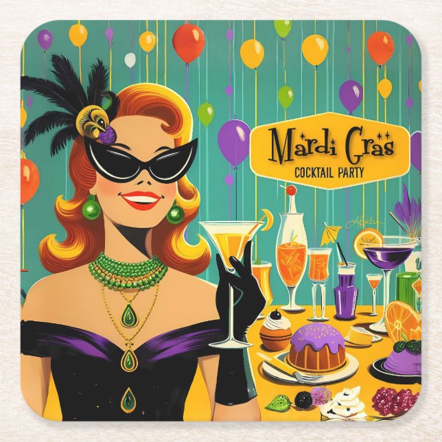 Retro 50s Mardi Gras Martini Cocktail Party Square Paper Coaster (Front)