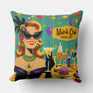 Retro 50s Mardi Gras Martini Cocktail Party Throw Pillow