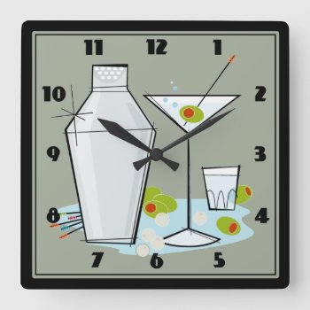 Retro 50s Martini Cocktail Time Mid-century (gray) Square Wall Clock by Angharad13 at Zazzle