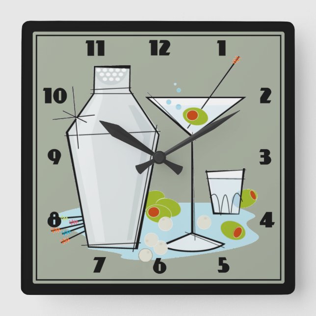 Retro 50s Martini Cocktail Time Mid-Century (Gray) Square Wall Clock (Front)