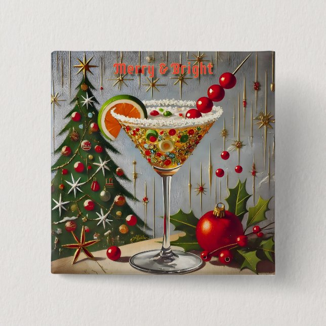 Retro 50s Merry Bright Christmas Candy Cocktail Button (Front)