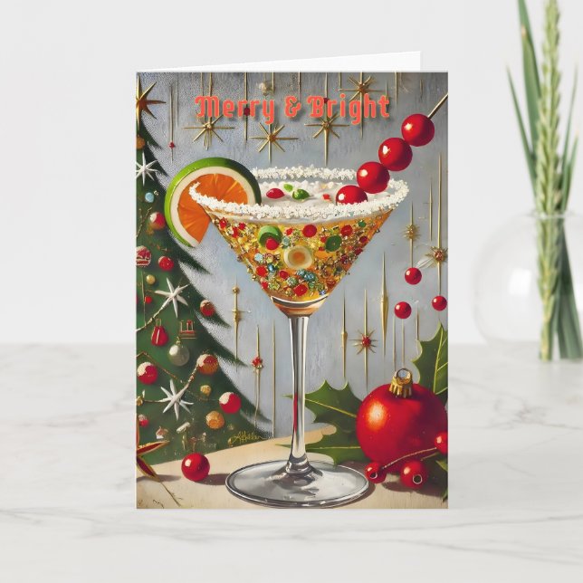 Retro 50s Merry Bright Christmas Candy Cocktail Card (Front)