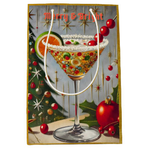 Retro 50s Merry Bright Christmas Candy Cocktail Medium Gift Bag