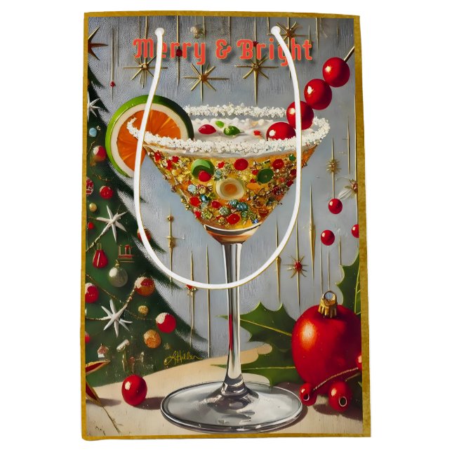 Retro 50s Merry Bright Christmas Candy Cocktail Medium Gift Bag (Front)