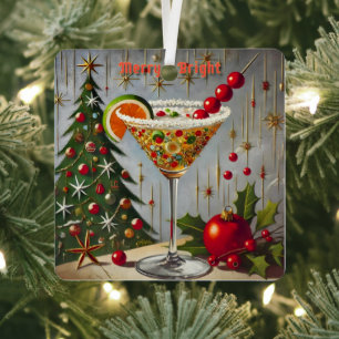 Retro 50s Merry Bright Christmas Candy Cocktail Metal Ornament