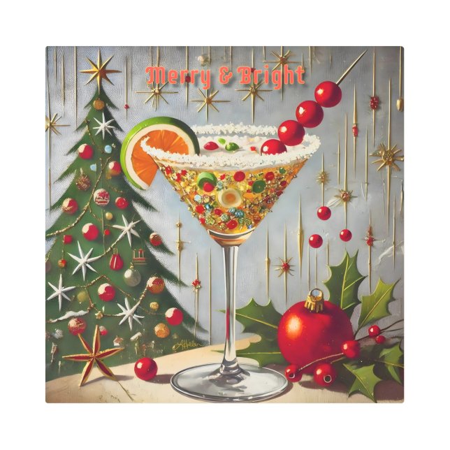 Retro 50s Merry Bright Christmas Candy Cocktail Metal Print (Front)
