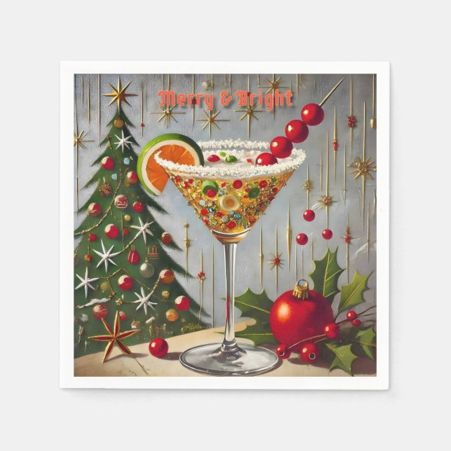 Retro 50s Merry Bright Christmas Candy Cocktail Napkins (Front)