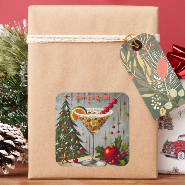 Retro 50s Merry Bright Christmas Candy Cocktail Square Sticker (Holiday)