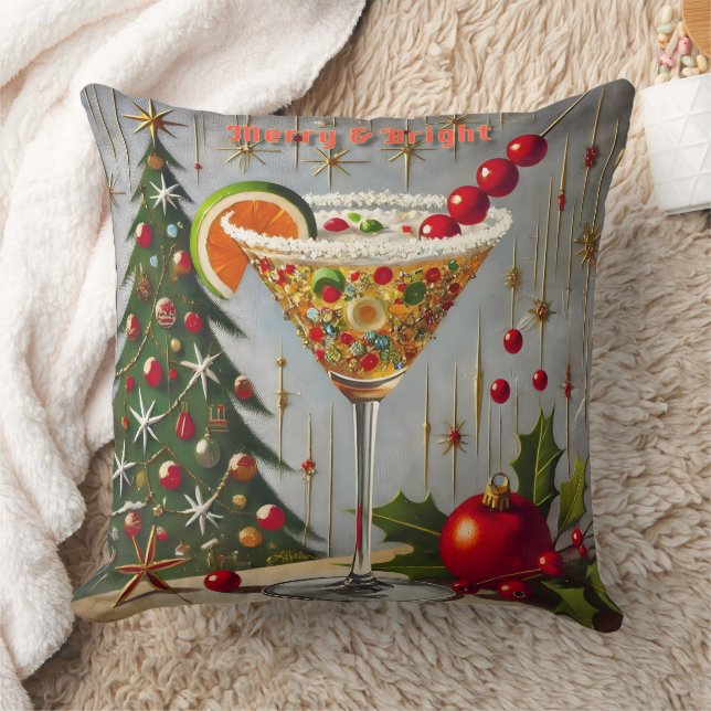 Retro 50s Merry Bright Christmas Candy Cocktail Throw Pillow (Blanket)