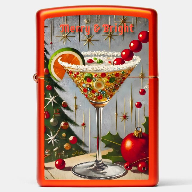 Retro 50s Merry Bright Christmas Candy Cocktail Zippo Lighter (Front)