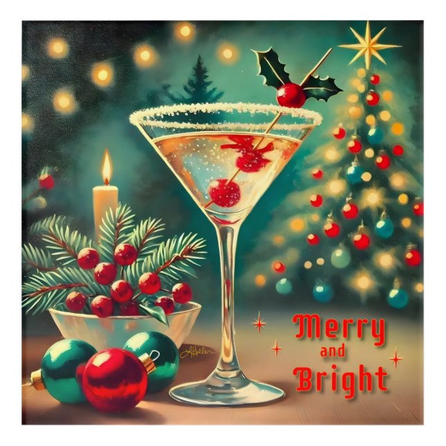 Retro 50s Merry Bright Christmas Cocktail Martini Acrylic Print (Front)