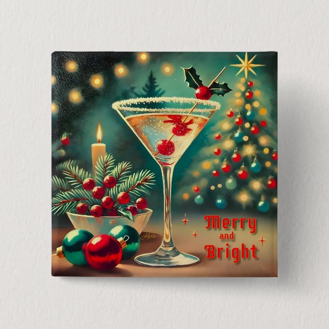 Retro 50s Merry Bright Christmas Cocktail Martini Button (Front)