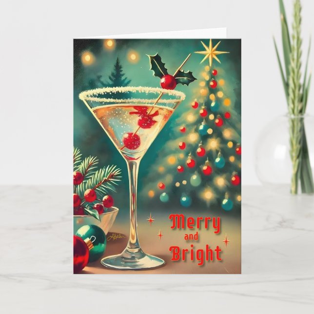 Retro 50s Merry Bright Christmas Cocktail Martini Card (Front)