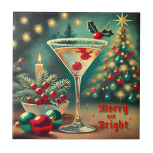 Retro 50s Merry Bright Christmas Cocktail Martini Ceramic Tile