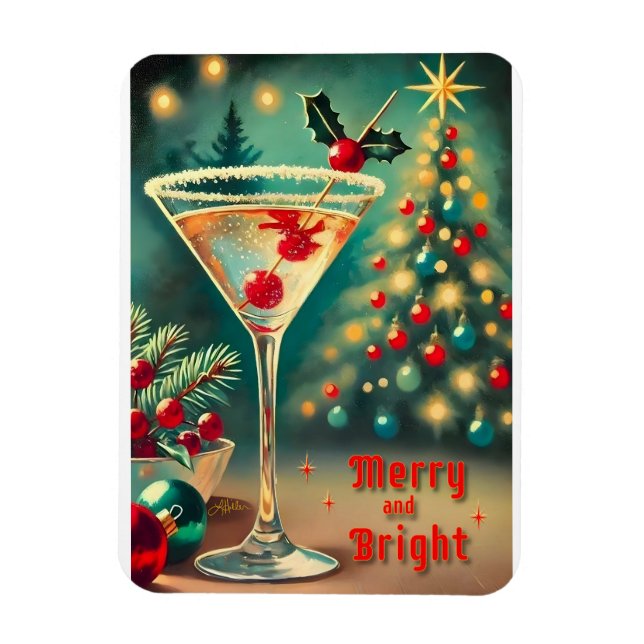Retro 50s Merry Bright Christmas Cocktail Martini Magnet (Vertical)