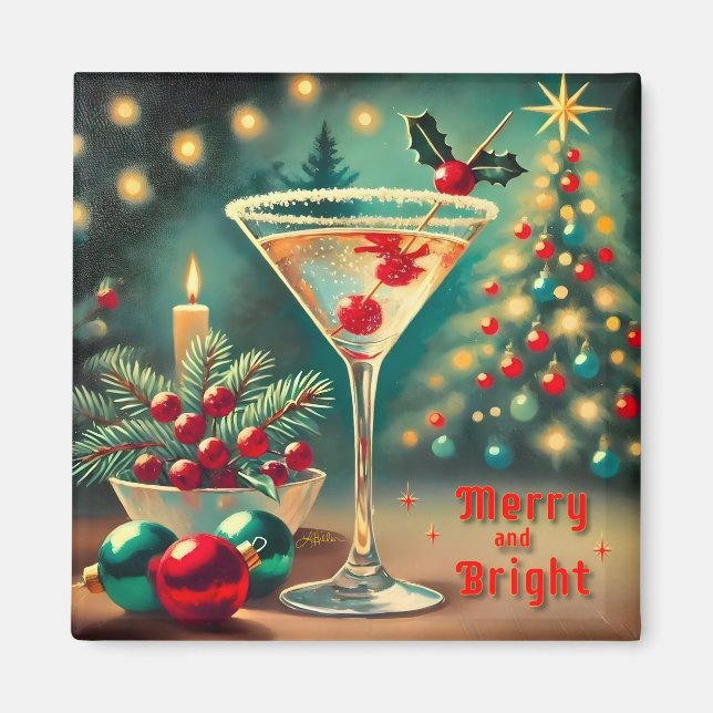 Retro 50s Merry Bright Christmas Cocktail Martini Magnet (Front)