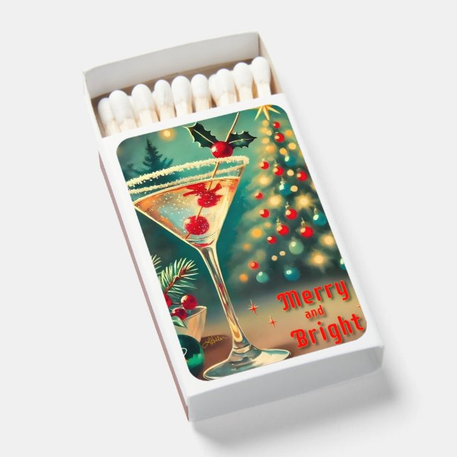 Retro 50s Merry Bright Christmas Cocktail Martini Matchboxes (Front Open)