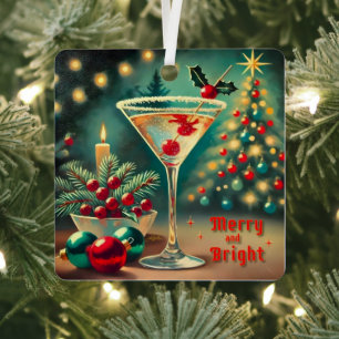 Retro 50s Merry Bright Christmas Cocktail Martini Metal Ornament