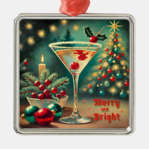 Retro 50s Merry Bright Christmas Cocktail Martini Metal Ornament