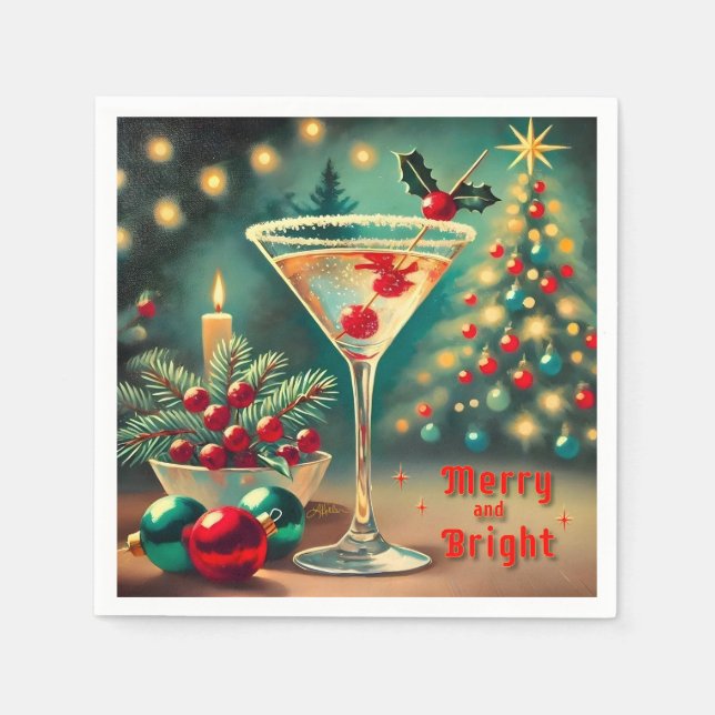 Retro 50s Merry Bright Christmas Cocktail Martini Napkins (Front)
