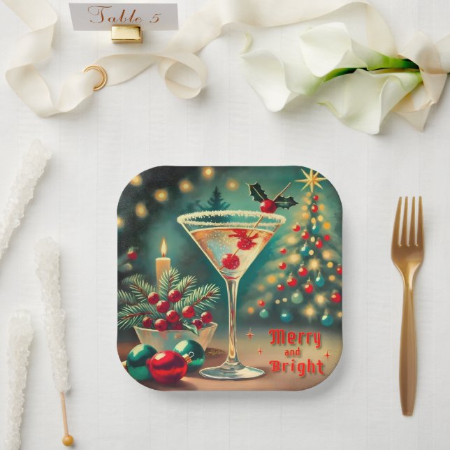 Retro 50s Merry Bright Christmas Cocktail Martini Paper Plates (Wedding)