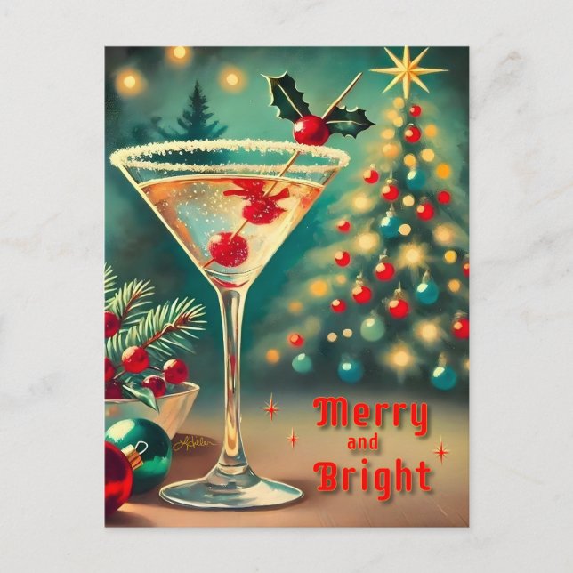 Retro 50s Merry Bright Christmas Cocktail Martini Postcard (Front)